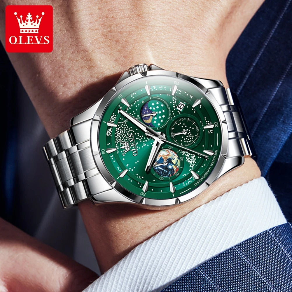OLEVS 5538 Starry Sky Moon Phase Man Watch Chronograph Waterproof Auto Date Men Wristwatch Luxury Original Quartz Watch for Men