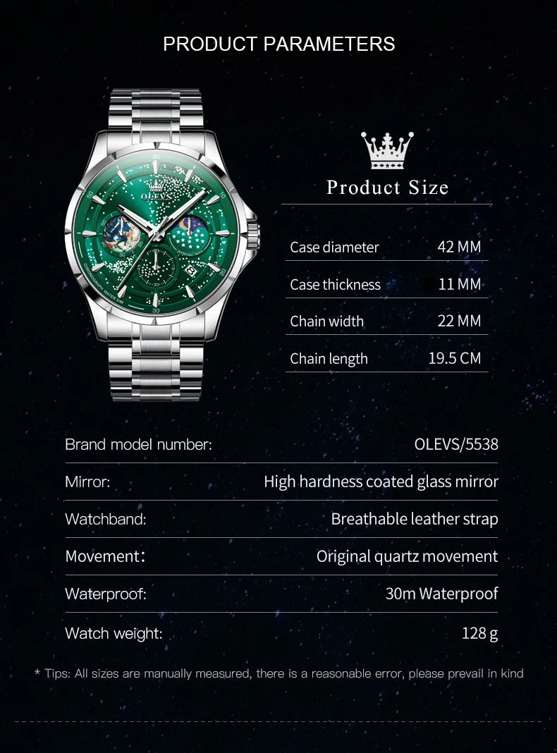 OLEVS 5538 Starry Sky Moon Phase Man Watch Chronograph Waterproof Auto Date Men Wristwatch Luxury Original Quartz Watch for Men