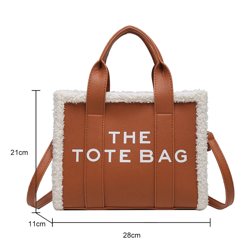 Winter Khaki Tote Tasche PU Leder Weibliche Handtaschen Weiche Lamm Wolle Nähte Top-Griff Taschen Mode Kleine Umhängetaschen Geldbörse
