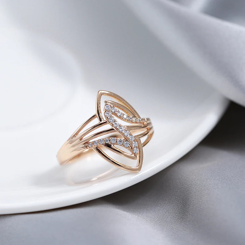 Kinel New Fine Curve Women Rings 585 Rose Gold With Micro Wax Inlay Natural Zircon Ethnic Bride Ring Unique Fashion Jewelry