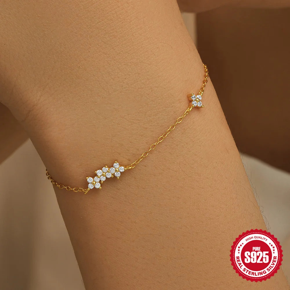 CANNER Real S925 Sterling Silver Mini Zircon Flower Pendant Bracelet Chain for Women's Fine Jewelry Gifts Gold Bracelets Bangles