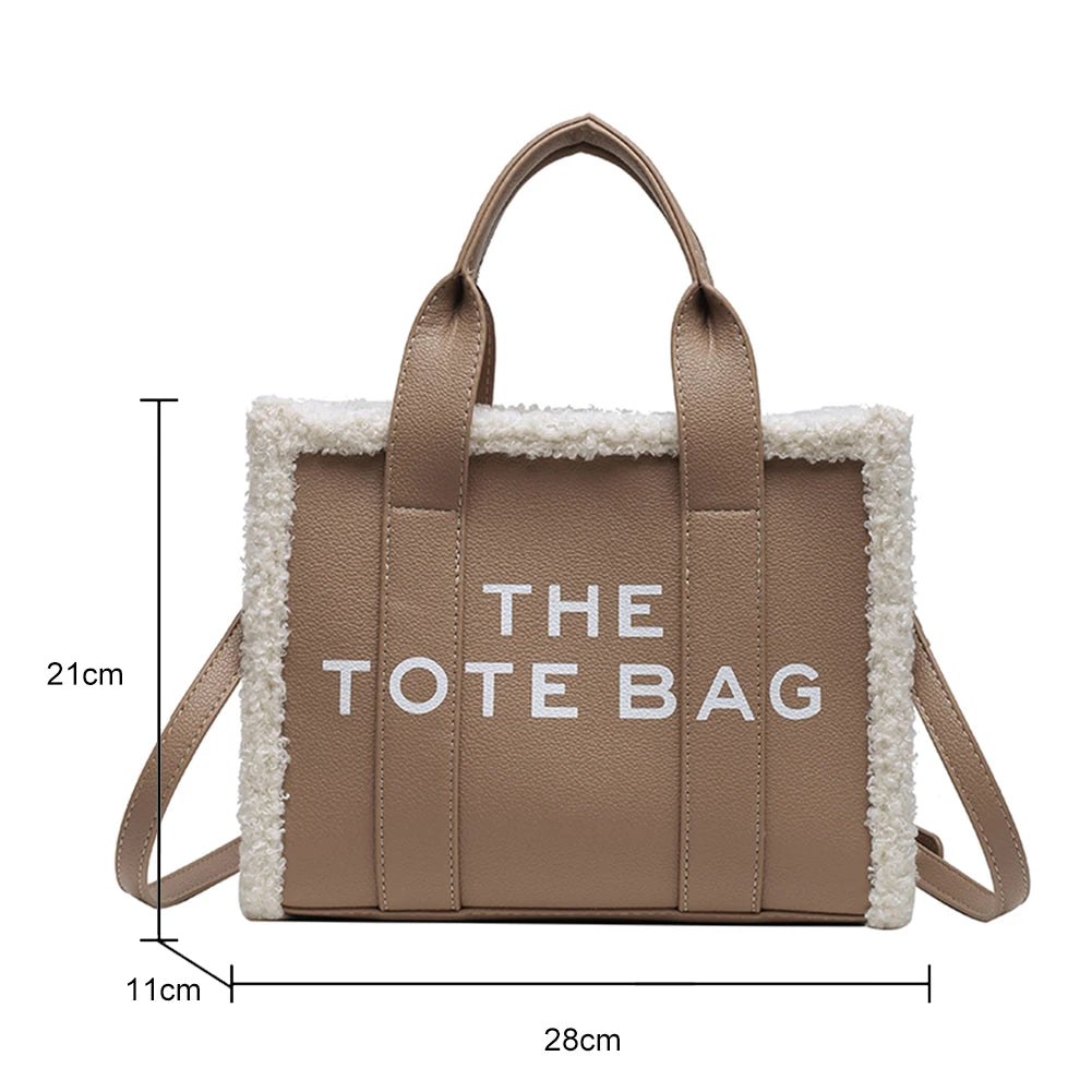 Winter Khaki Tote Tasche PU Leder Weibliche Handtaschen Weiche Lamm Wolle Nähte Top-Griff Taschen Mode Kleine Umhängetaschen Geldbörse