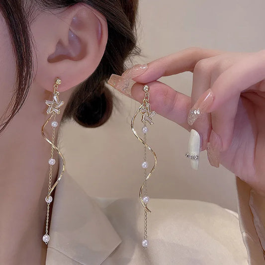 Exquisite Kristall Stern Wellenförmige Lange Quaste Tropfen Ohrringe für Frauen Mode Imitation Perle Kette Baumeln Ohrring Schmuck Geschenk