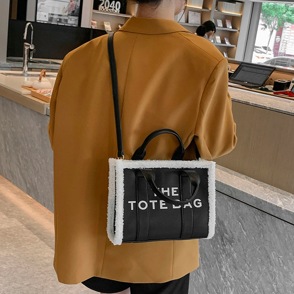 Winter Khaki Tote Tasche PU Leder Weibliche Handtaschen Weiche Lamm Wolle Nähte Top-Griff Taschen Mode Kleine Umhängetaschen Geldbörse