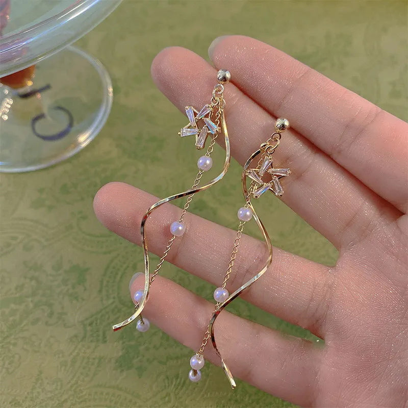 Exquisite Kristall Stern Wellenförmige Lange Quaste Tropfen Ohrringe für Frauen Mode Imitation Perle Kette Baumeln Ohrring Schmuck Geschenk