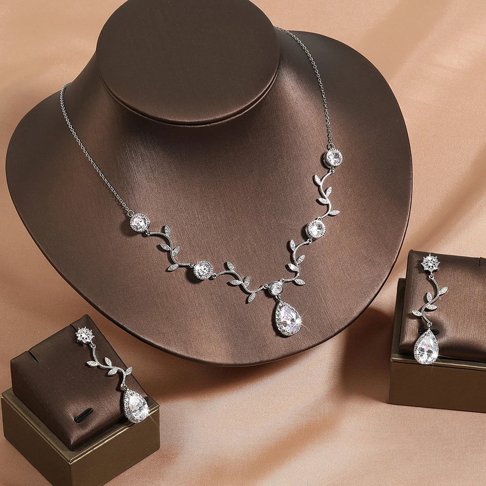 ZAKOL Classic White Rose Gold Color Cubic Zirconia Bridal Jewelry Sets Leaf Shape Choker Earrings Wedding Dress for Women