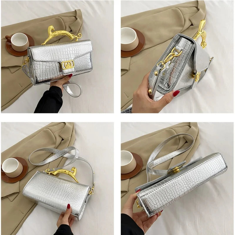 Frauen Luxus Marke Design Leder Tasche 2024, Neue Damen Metall Schnalle Einfache Mode Schulter Tasche Party Schräge Tasche